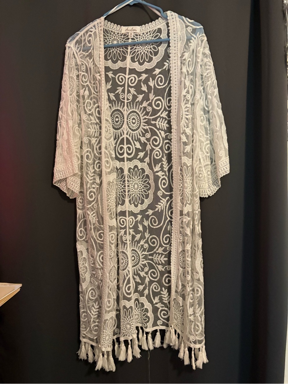 Boho Lace Fringe Kimono Cardigan - White - Anastasia
